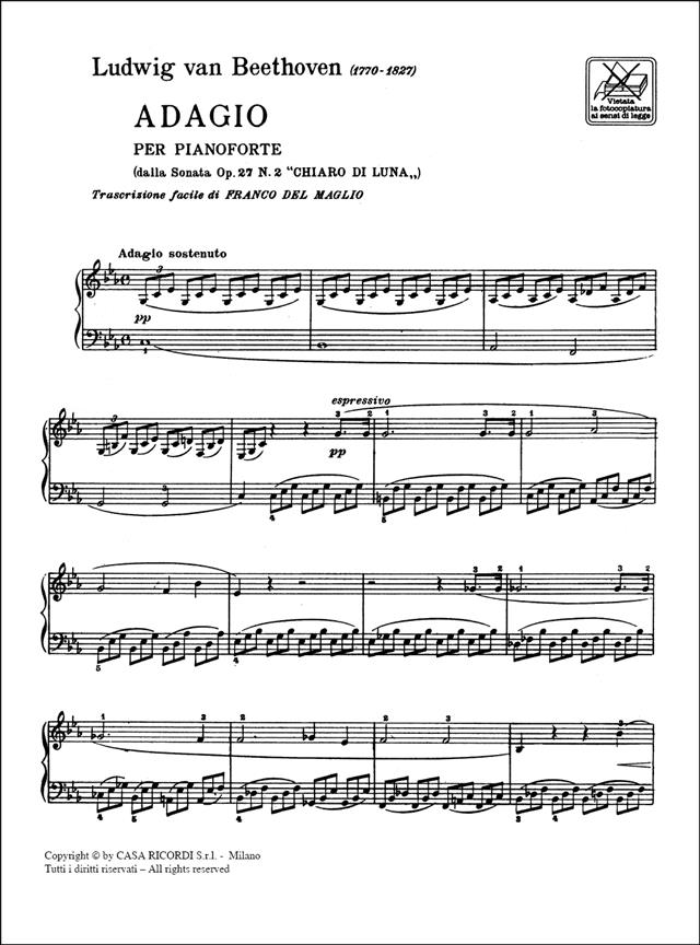 Adagio Sostenuto - Dalla Sonata 'Chiaro Di Luna' - Trascrizione Facilitata Per Pianoforte - pro klavír